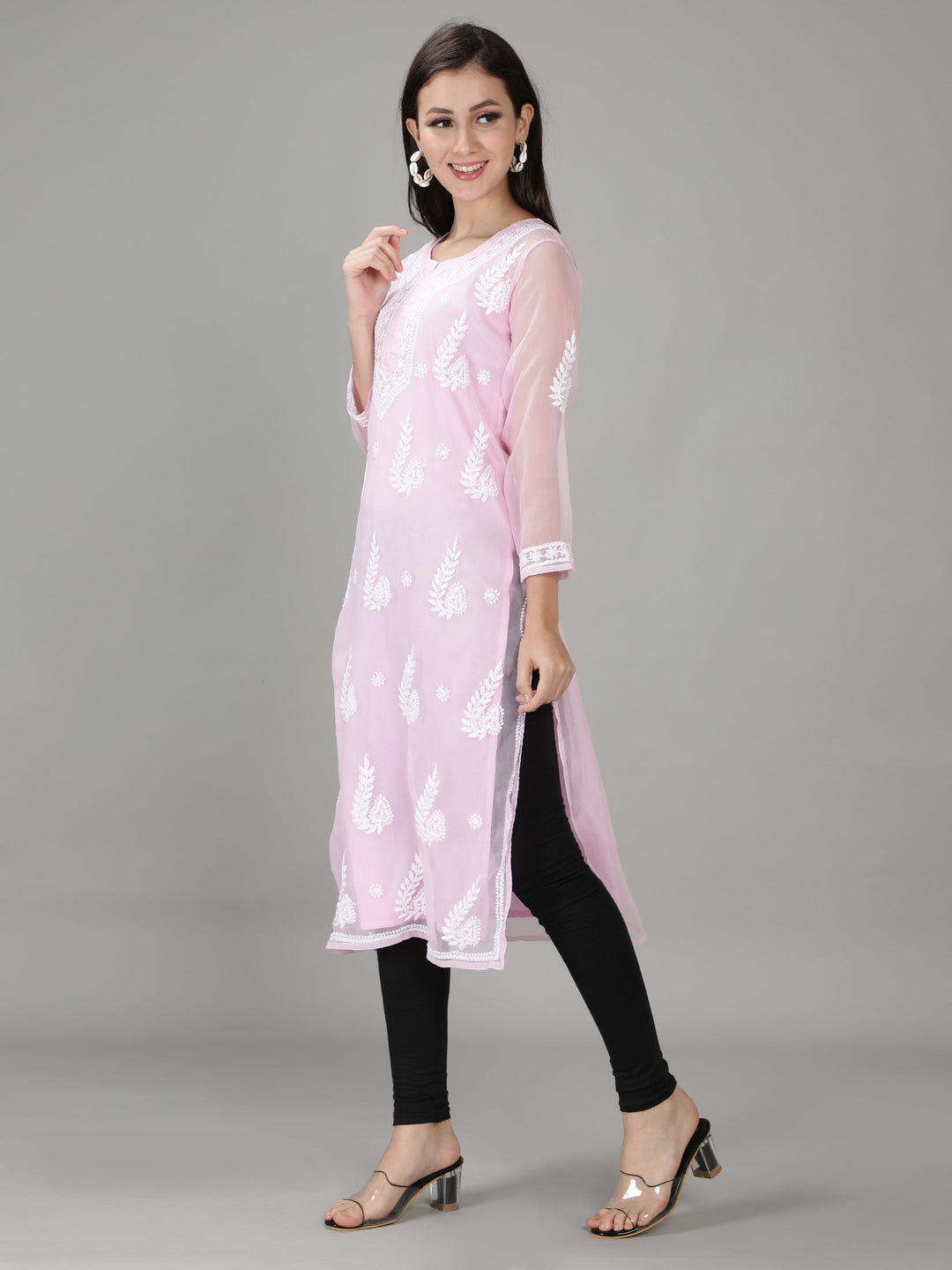 Baby Pink Georgette Chikan Kurta & Inner Slip