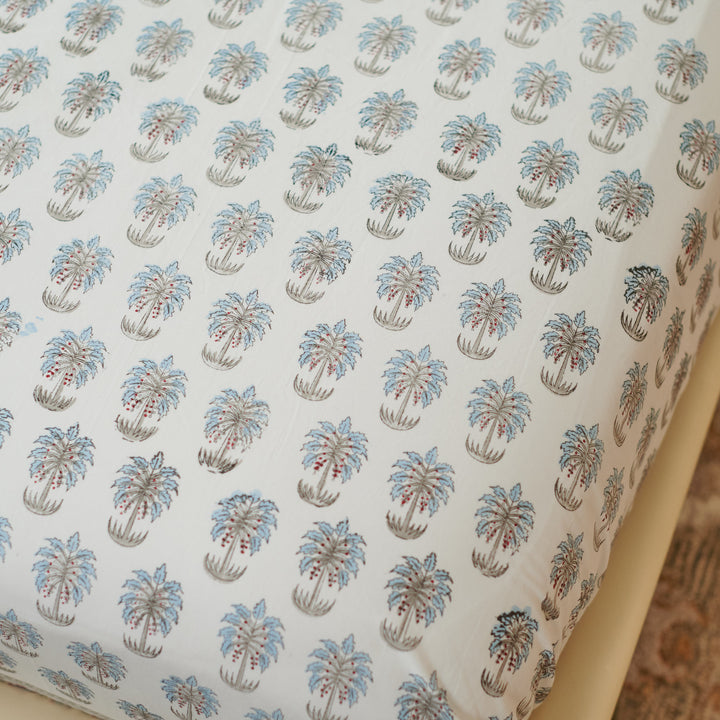 White & Blue Palm Leaf Hand Block Printed Bedsheet Set (Double)