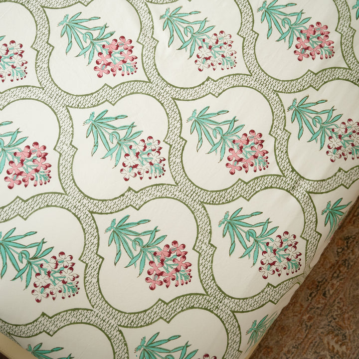 White & Green Floral Hand Block Printed Bedsheet Set (double)