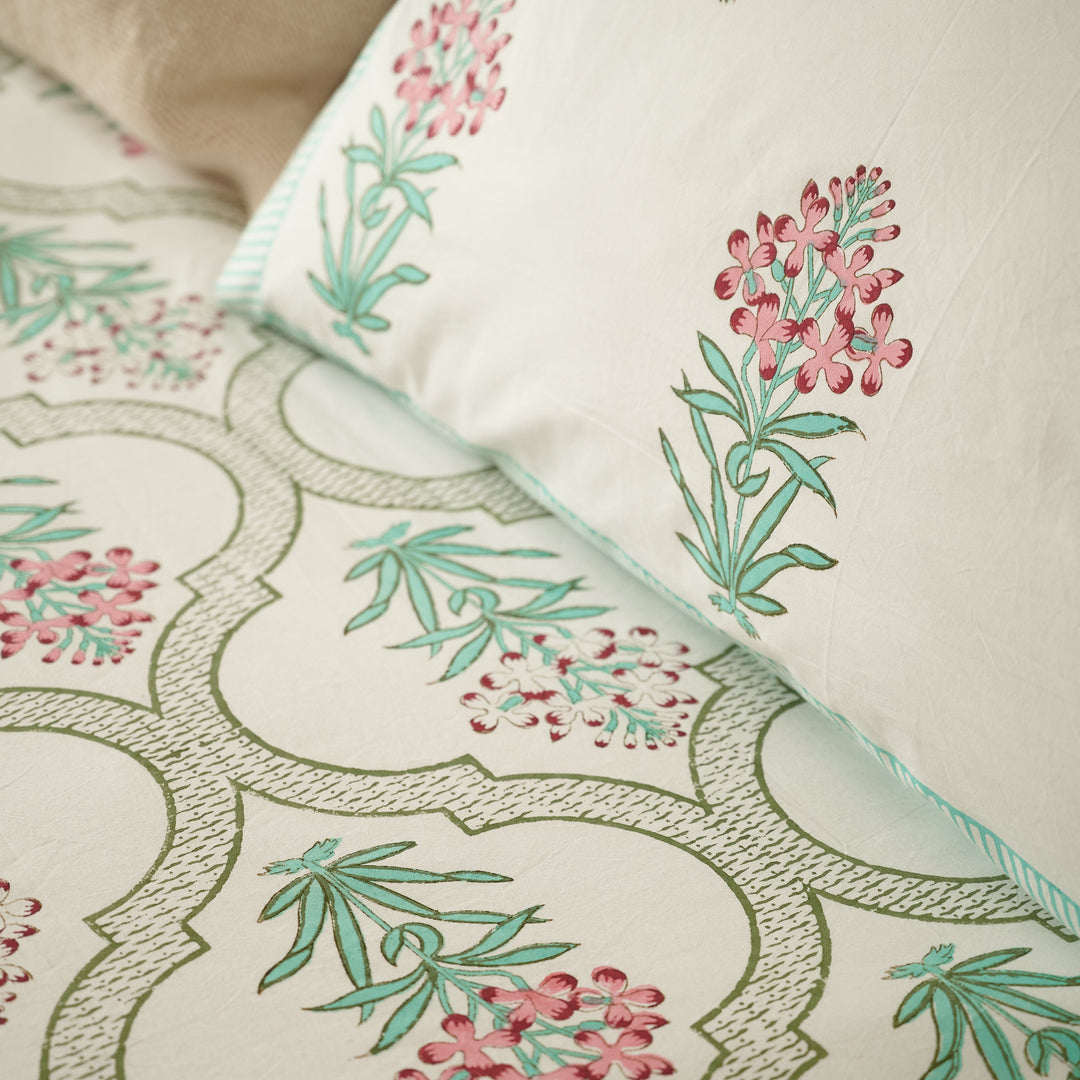 White & Green Floral Hand Block Printed Bedsheet Set (double)
