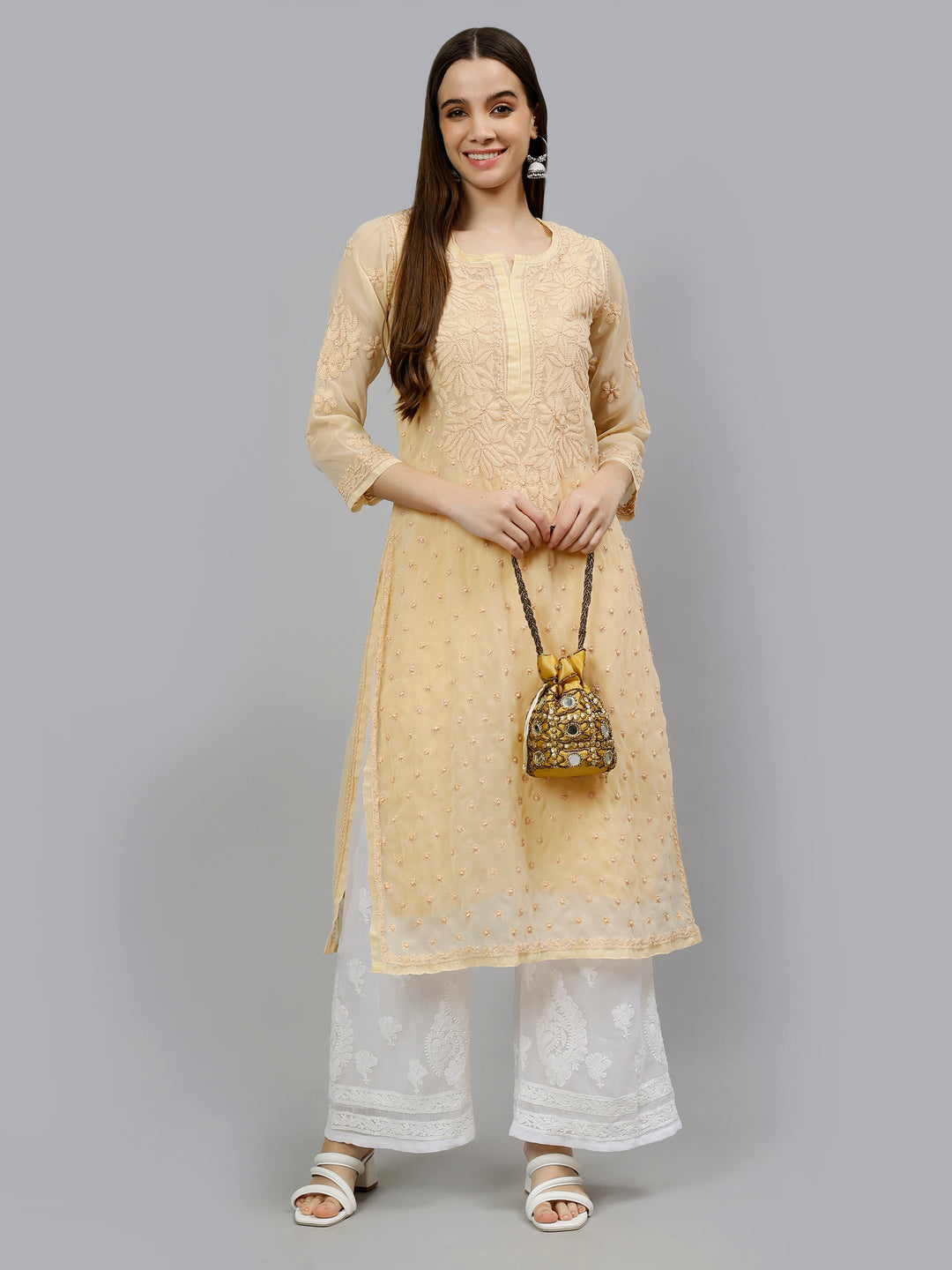 Beige-Georgette-Hand-Embroidered-Chikankari-Kurti-with-Slip