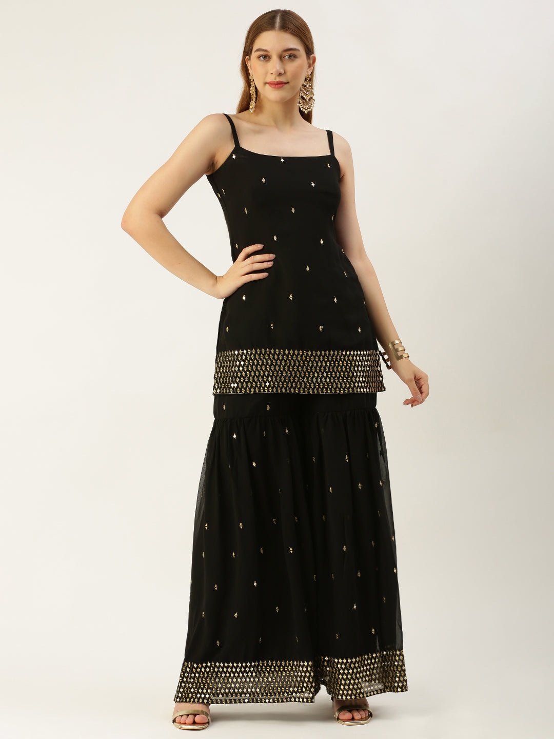 Black 2-Piece Gharara Set with Golden Embroidery