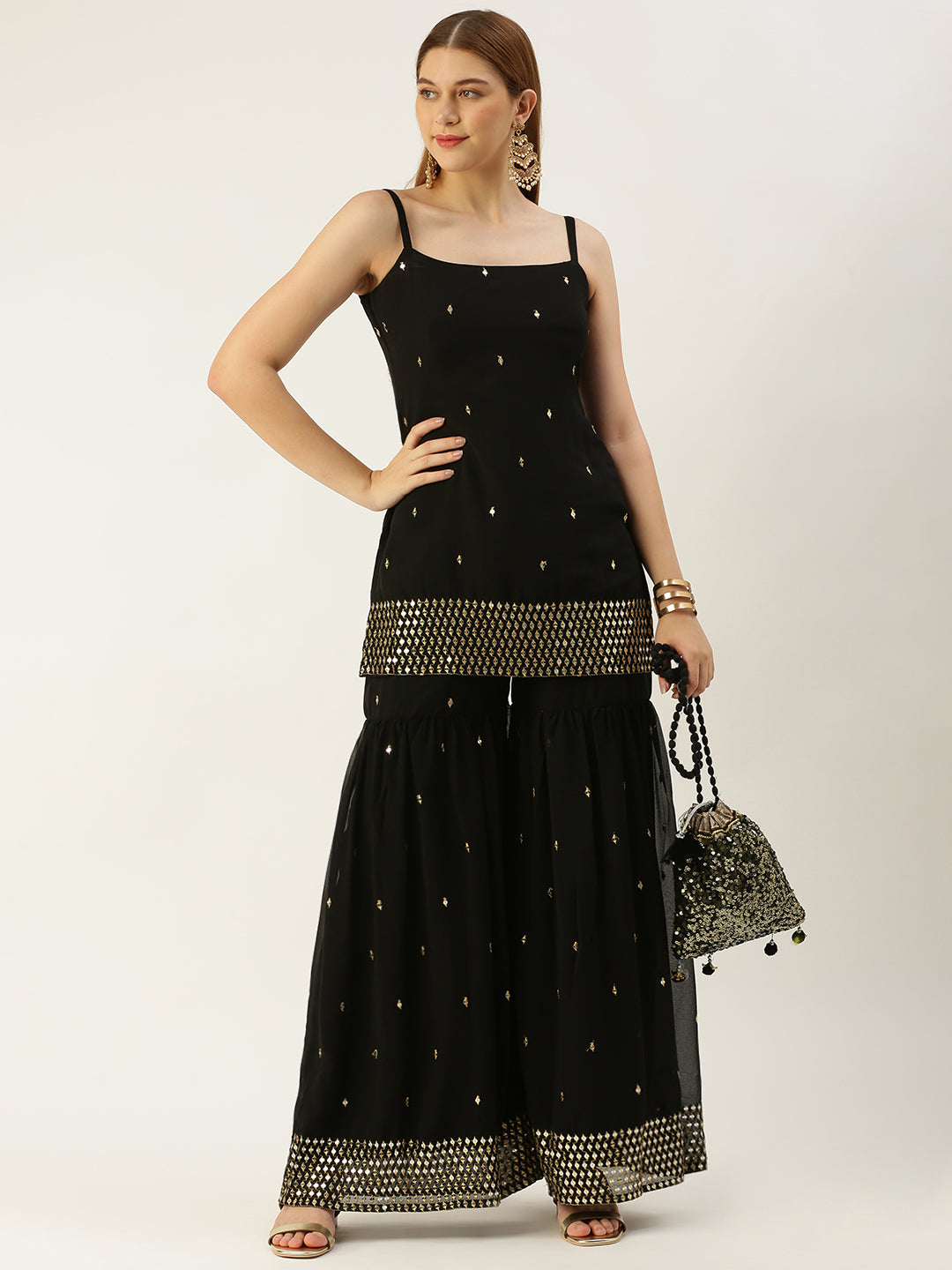 Black 2-Piece Gharara Set with Golden Embroidery