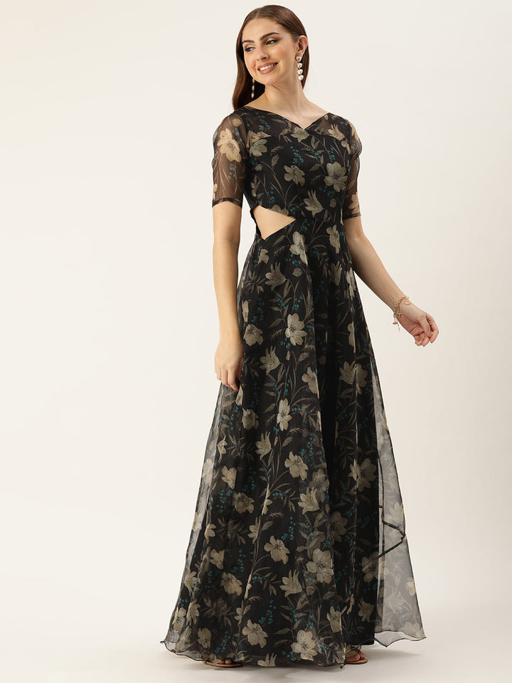 Black Camouflage Floral Digital Printed Organza Gown
