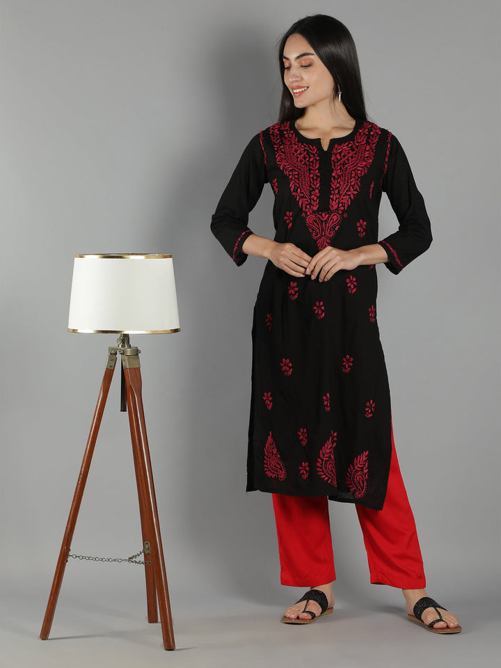 Black-Chikan-Kurta-in-Magenta-Thread-Work