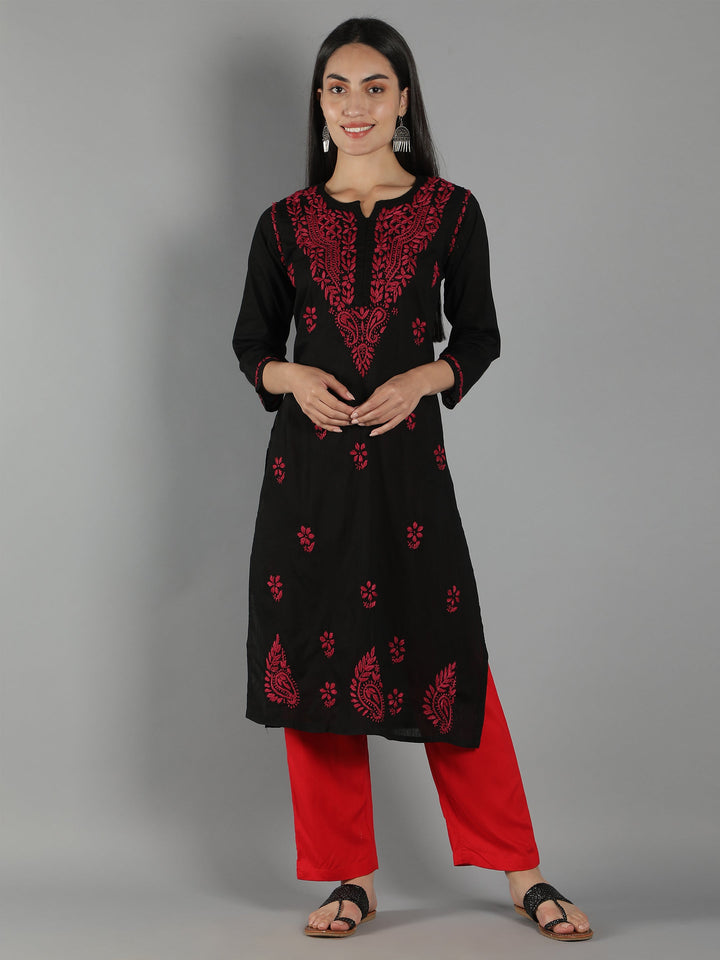Black-Chikan-Kurta-in-Magenta-Thread-Work