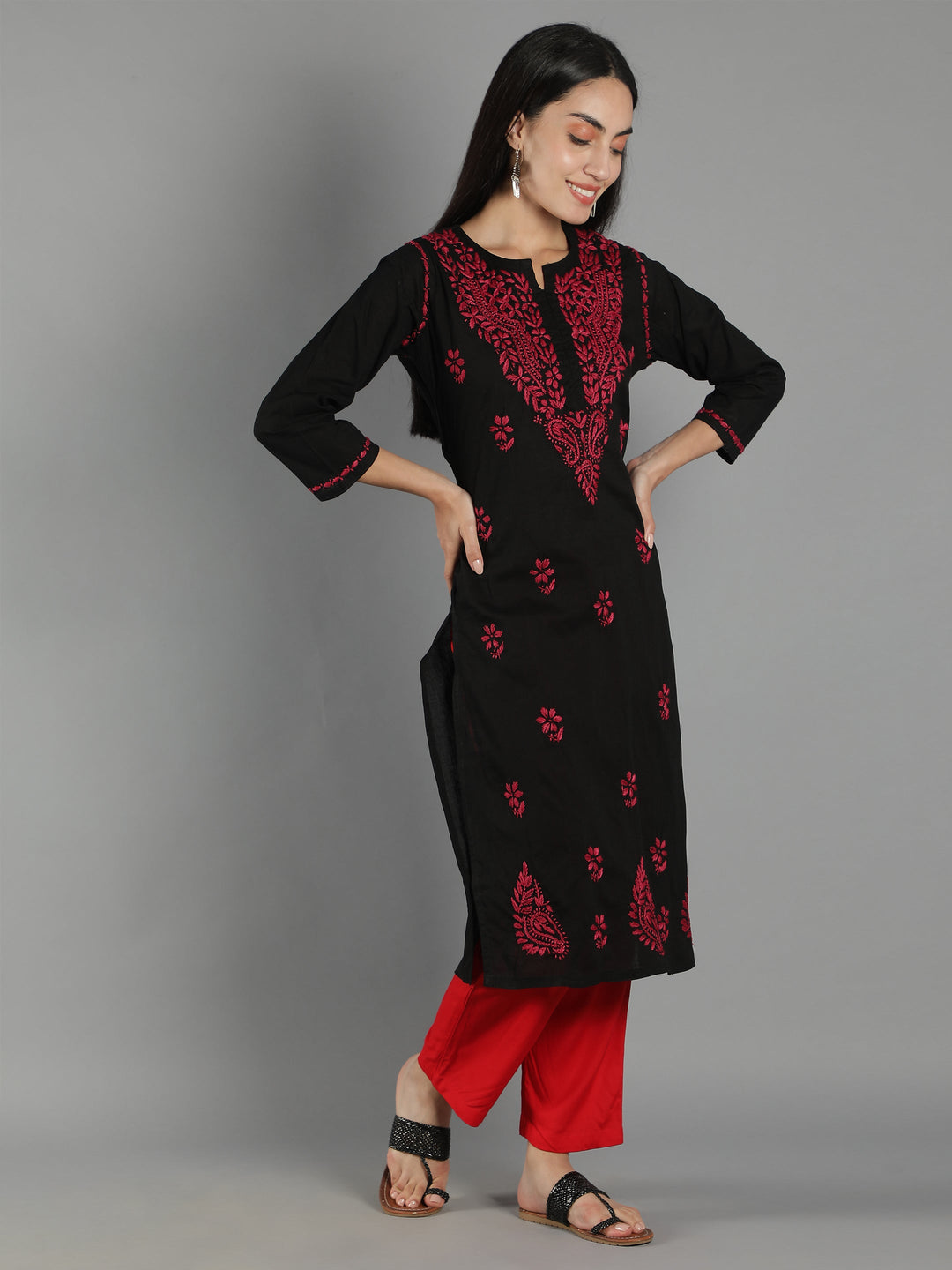 Black-Chikan-Kurta-in-Magenta-Thread-Work
