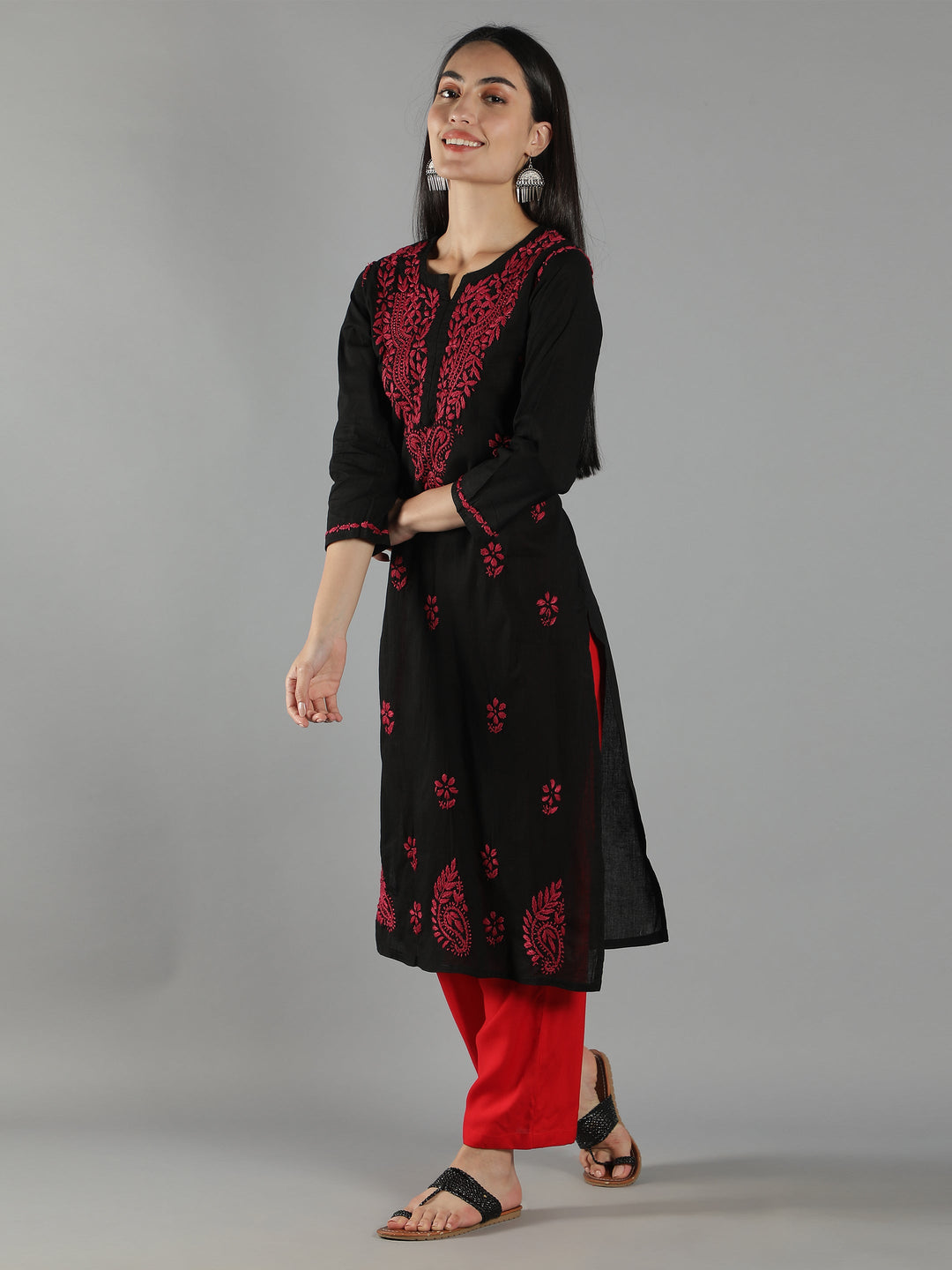 Black-Chikan-Kurta-in-Magenta-Thread-Work
