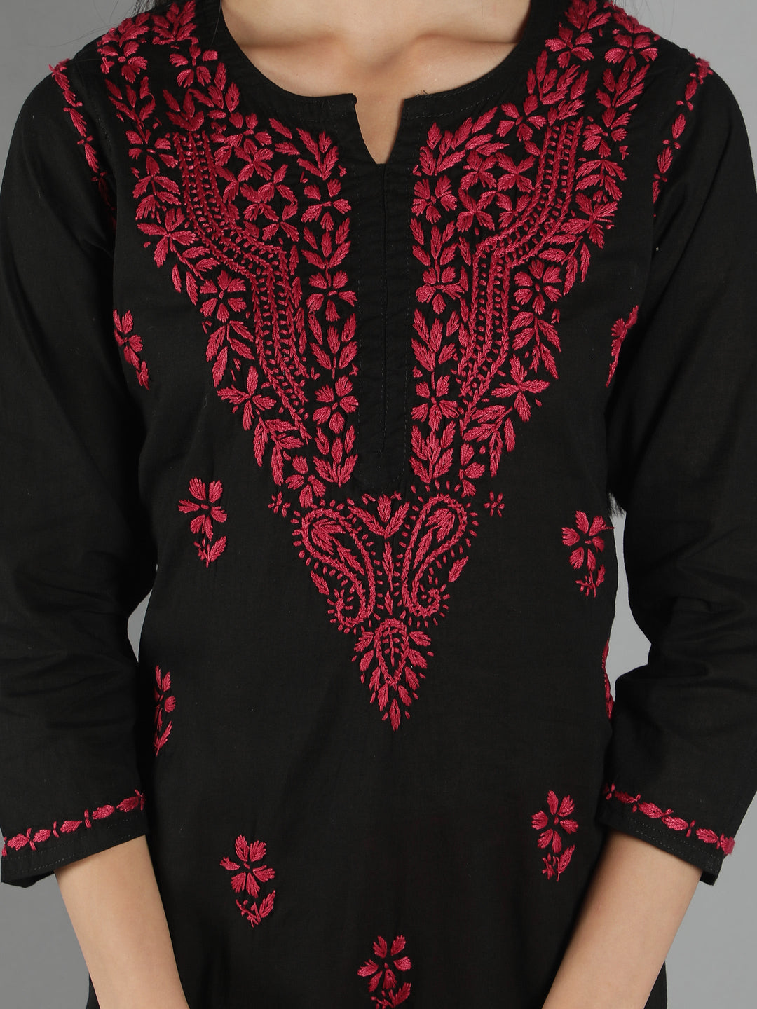 Black-Chikan-Kurta-in-Magenta-Thread-Work