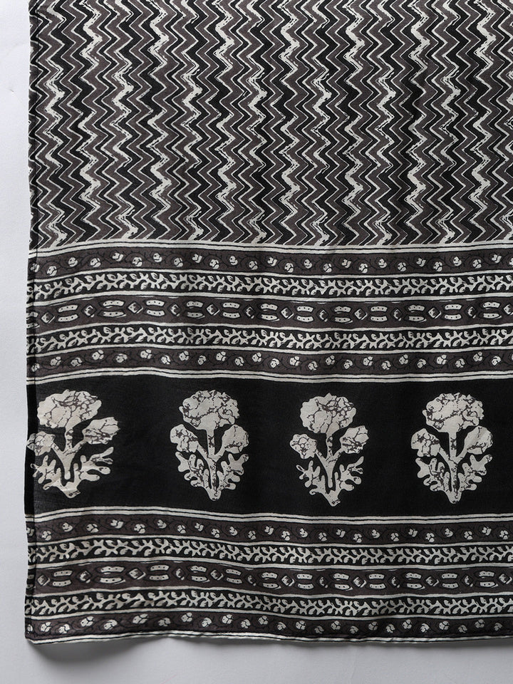 Black Cotton Blend Geometric Printed Straight Kurta Trouser With Dupatta