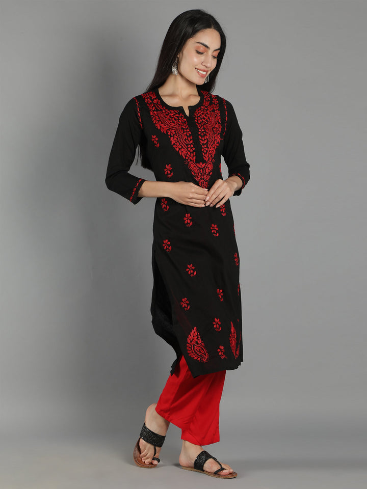 Black-Cotton-Chikan-Kurta-in-Red-Embroidery