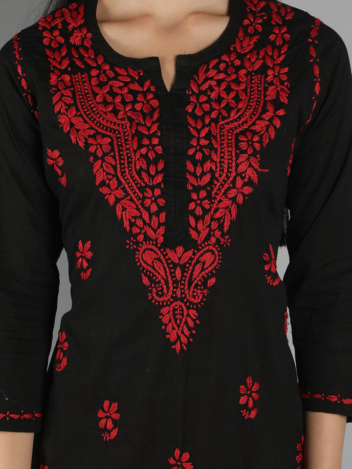 Black-Cotton-Chikan-Kurta-in-Red-Embroidery