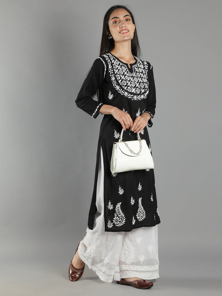 Black-Cotton-Chikan-Kurta-in-White-Embroidery