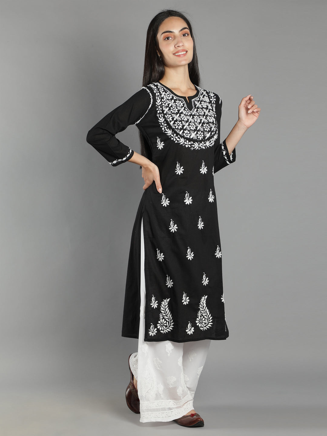 Black-Cotton-Chikan-Kurta-in-White-Embroidery