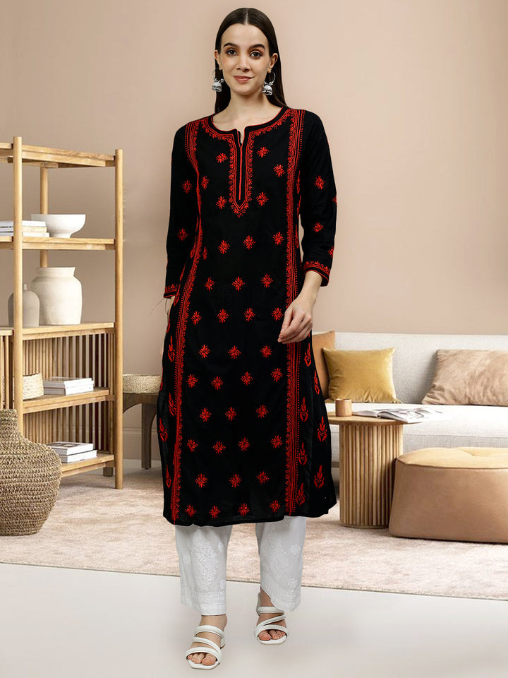 Black-Cotton-Embroidered-Lucknowi-Chikankari-Kurti