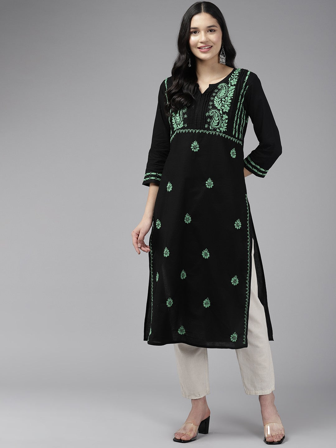 Black Cotton Green Thread Chikankari Kurta