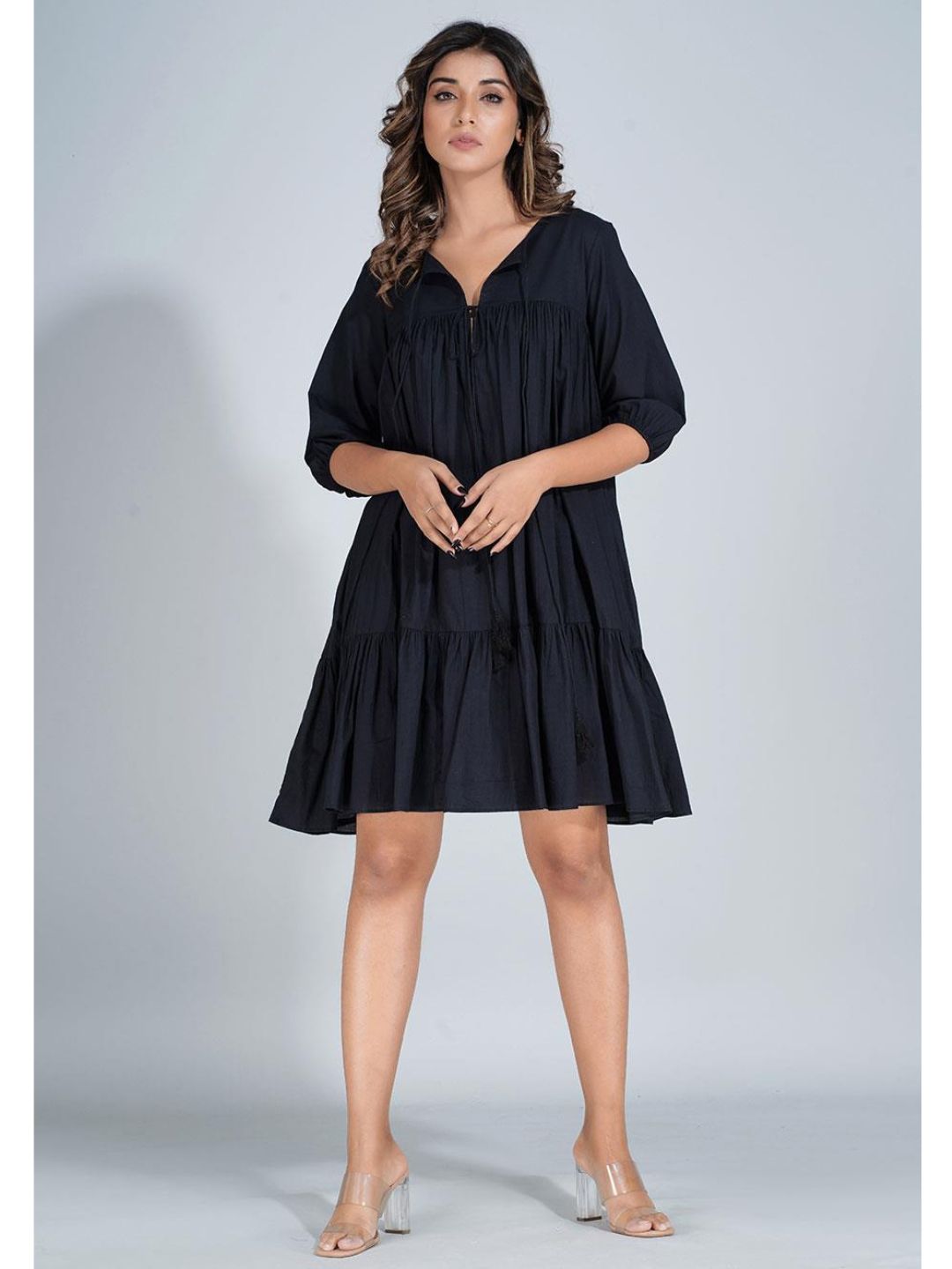 Black Cotton Mini Tier Dress
