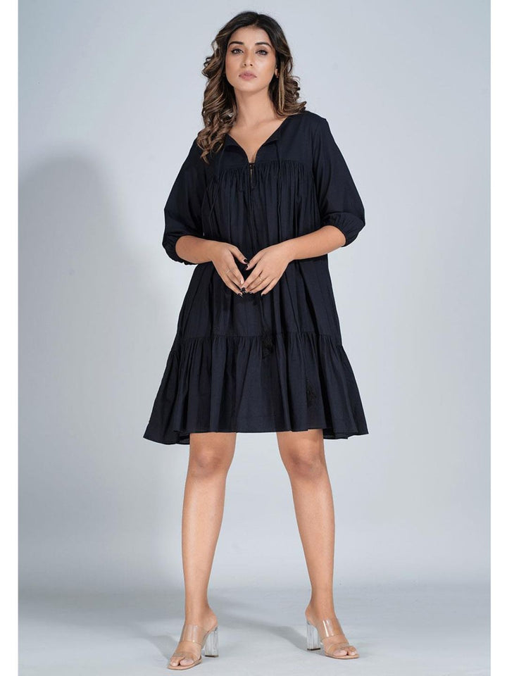 Black Cotton Mini Tier Dress