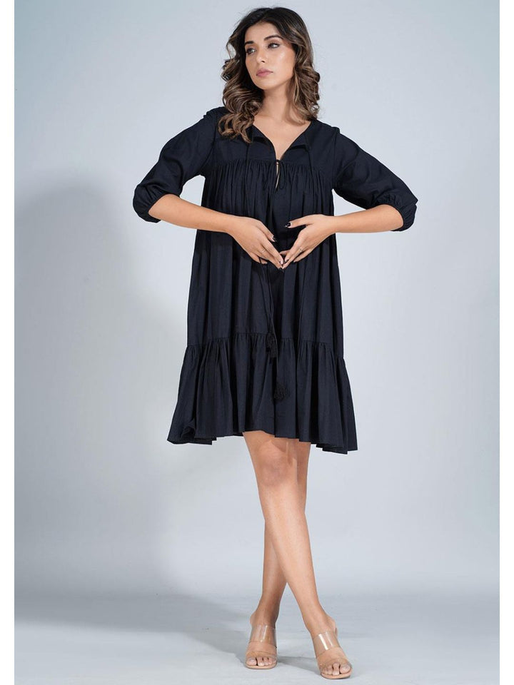 Black Cotton Mini Tier Dress