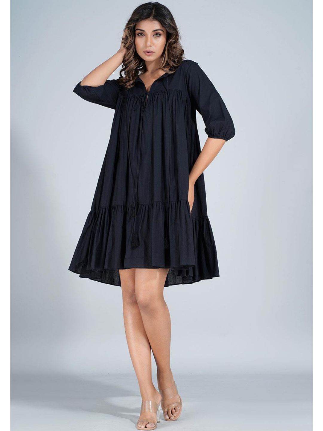 Black Cotton Mini Tier Dress