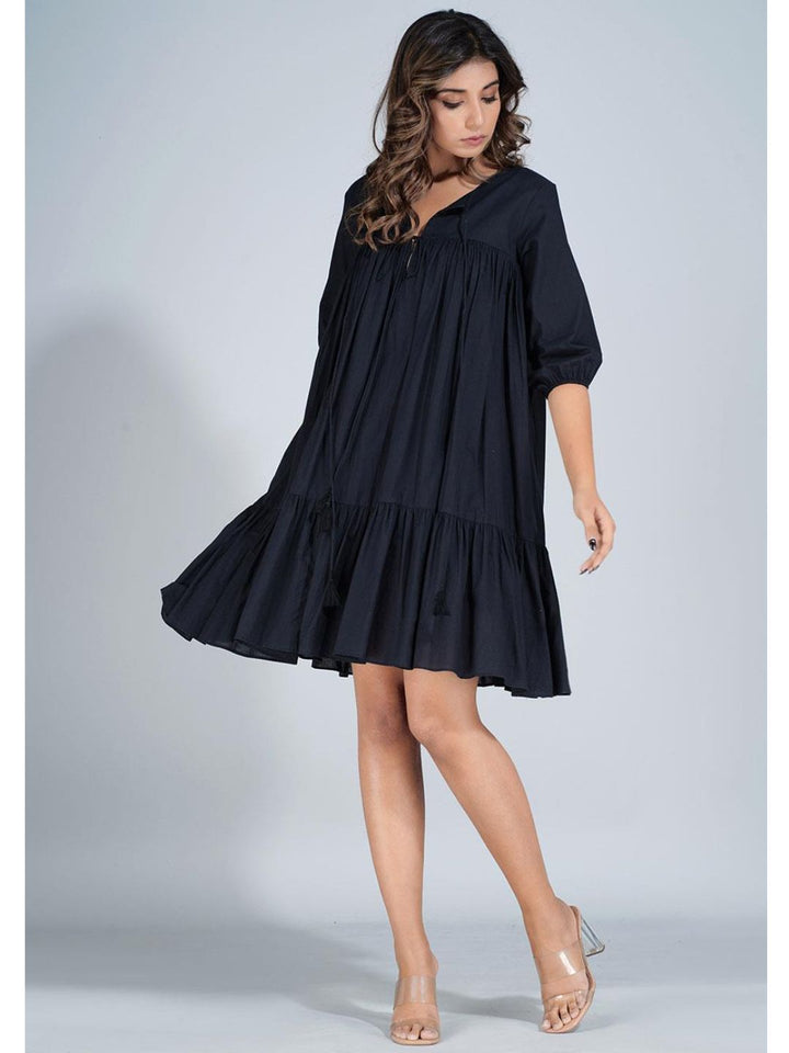 Black Cotton Mini Tier Dress