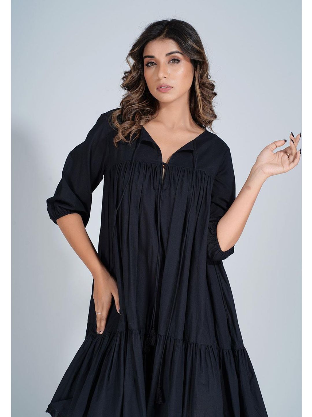 Black Cotton Mini Tier Dress