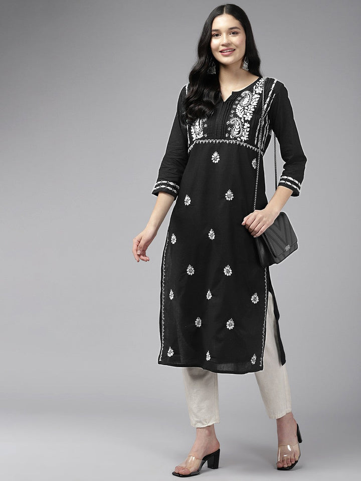 Black Cotton White Thread Chikankari Kurta