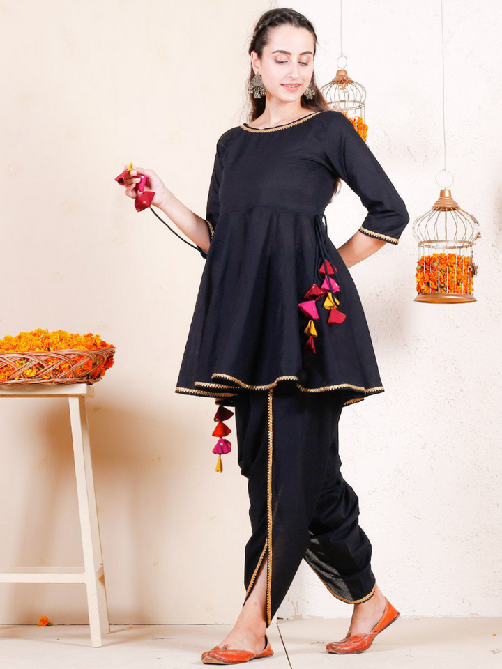Black Dhoti Peplum Top Set With Dhoti
