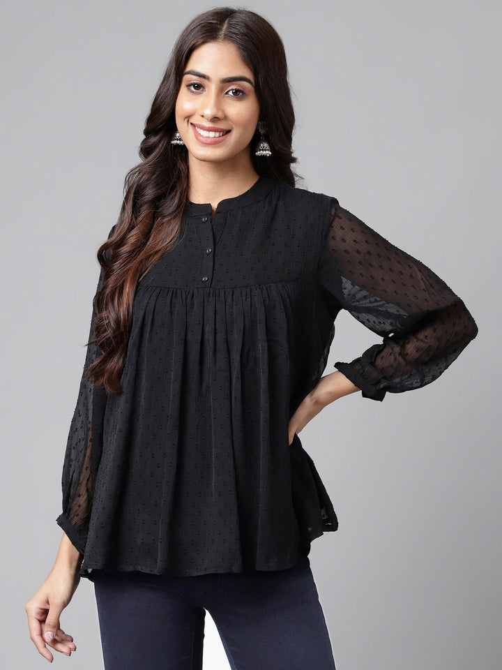ZERESOUQ-Black-Dobby-Georgette-Gathered-Mandarin-Top