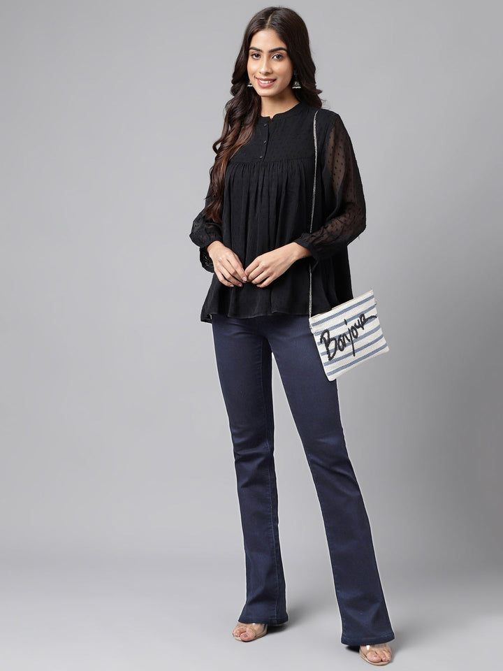 ZERESOUQ-Black-Dobby-Georgette-Gathered-Mandarin-Top