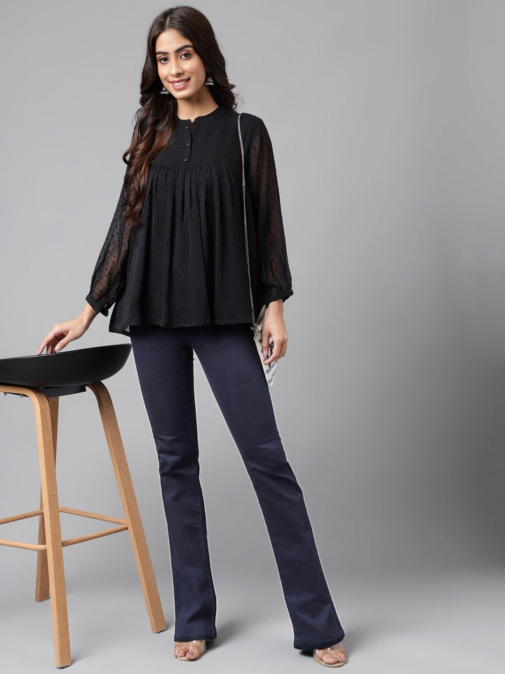 ZERESOUQ-Black-Dobby-Georgette-Gathered-Mandarin-Top