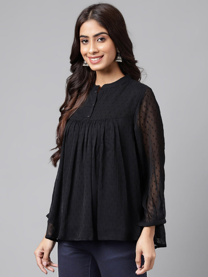ZERESOUQ-Black-Dobby-Georgette-Gathered-Mandarin-Top