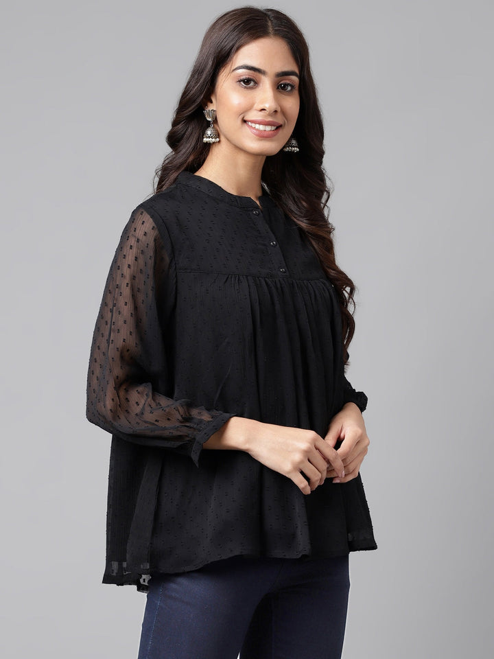 ZERESOUQ-Black-Dobby-Georgette-Gathered-Mandarin-Top
