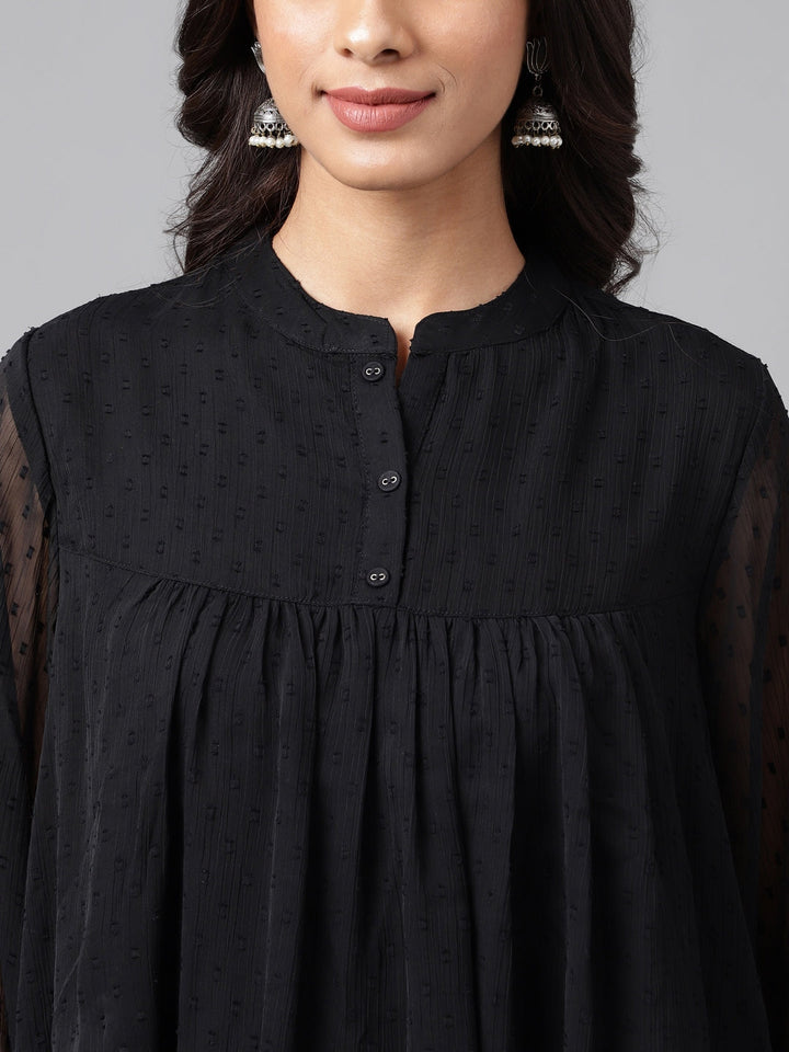 ZERESOUQ-Black-Dobby-Georgette-Gathered-Mandarin-Top