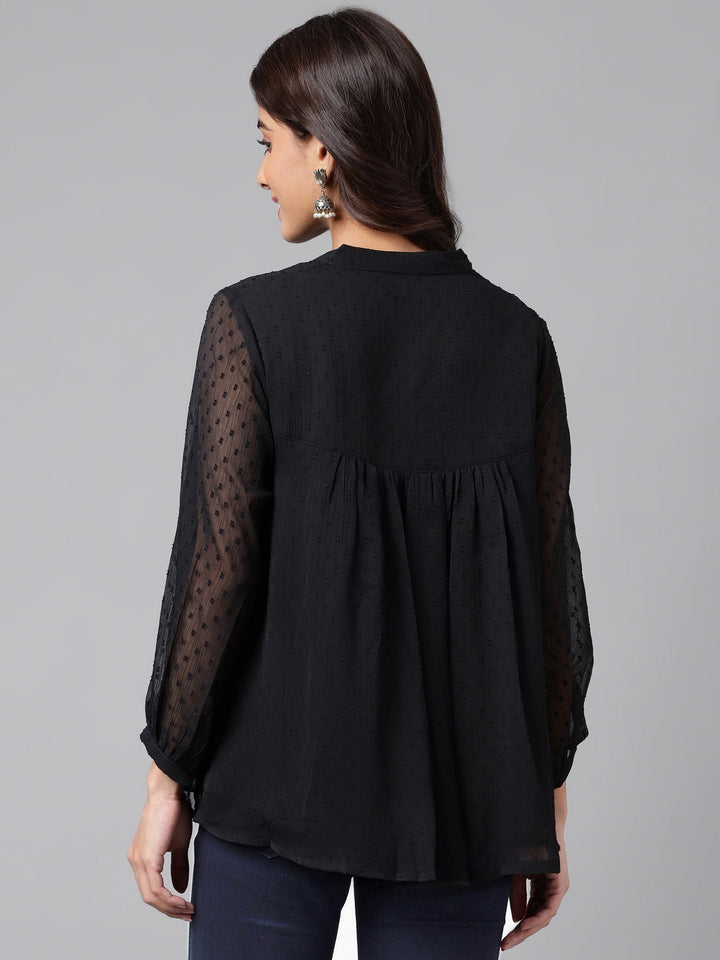 ZERESOUQ-Black-Dobby-Georgette-Gathered-Mandarin-Top