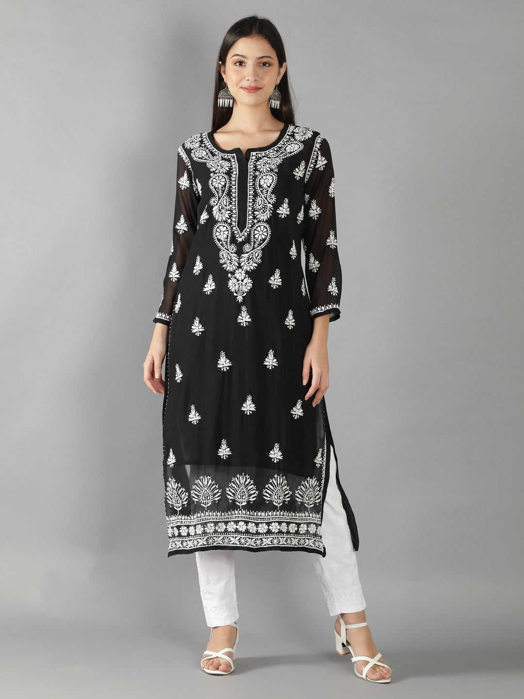 Black Georgette Chikan Kurta & Inner Slip
