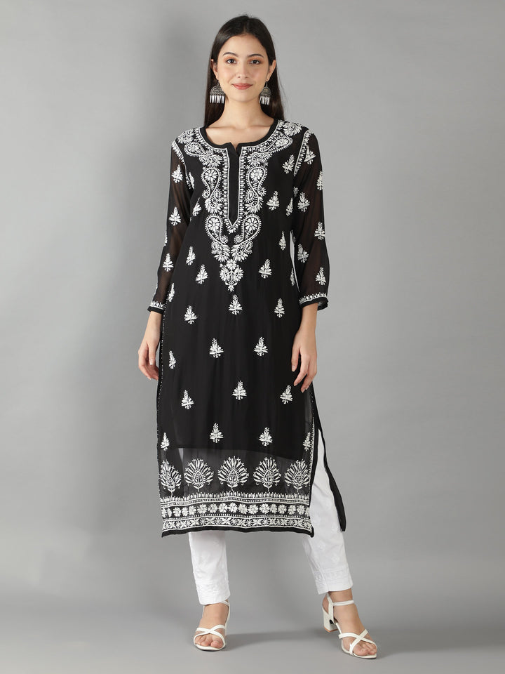 Black Georgette Chikan Kurta & Inner Slip
