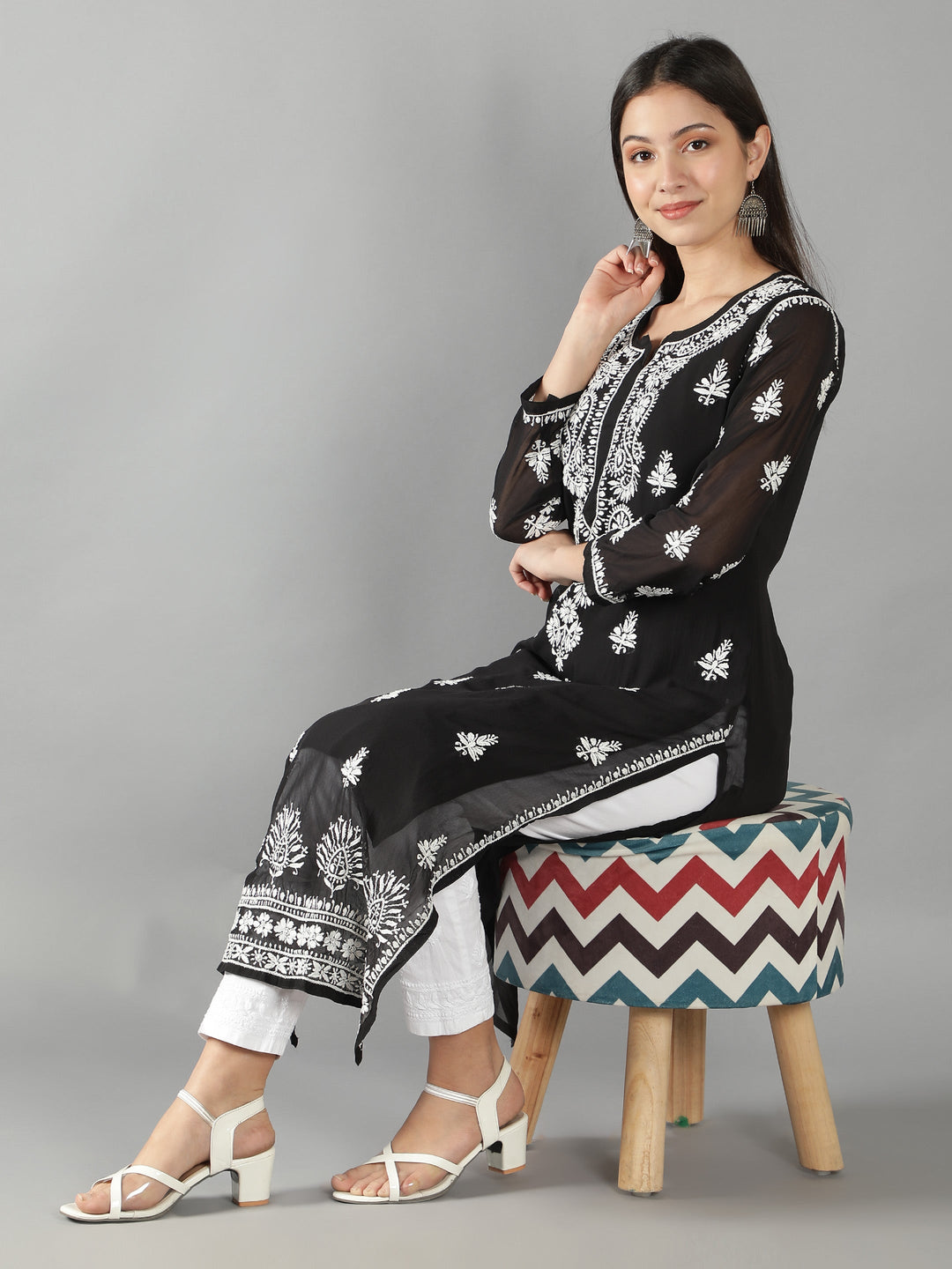Black Georgette Chikan Kurta & Inner Slip