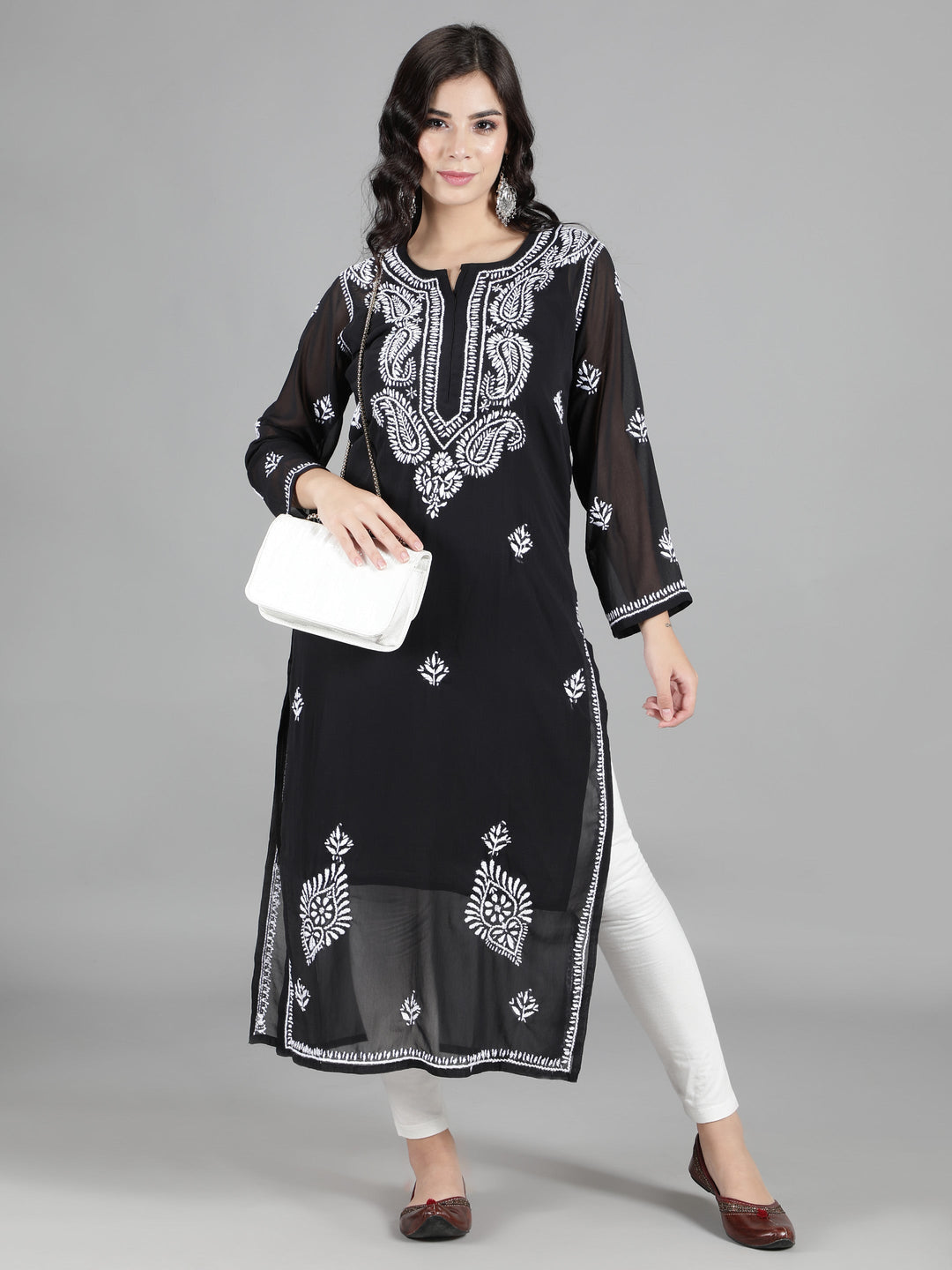 Black Georgette Chikan Kurta & Matching Slip
