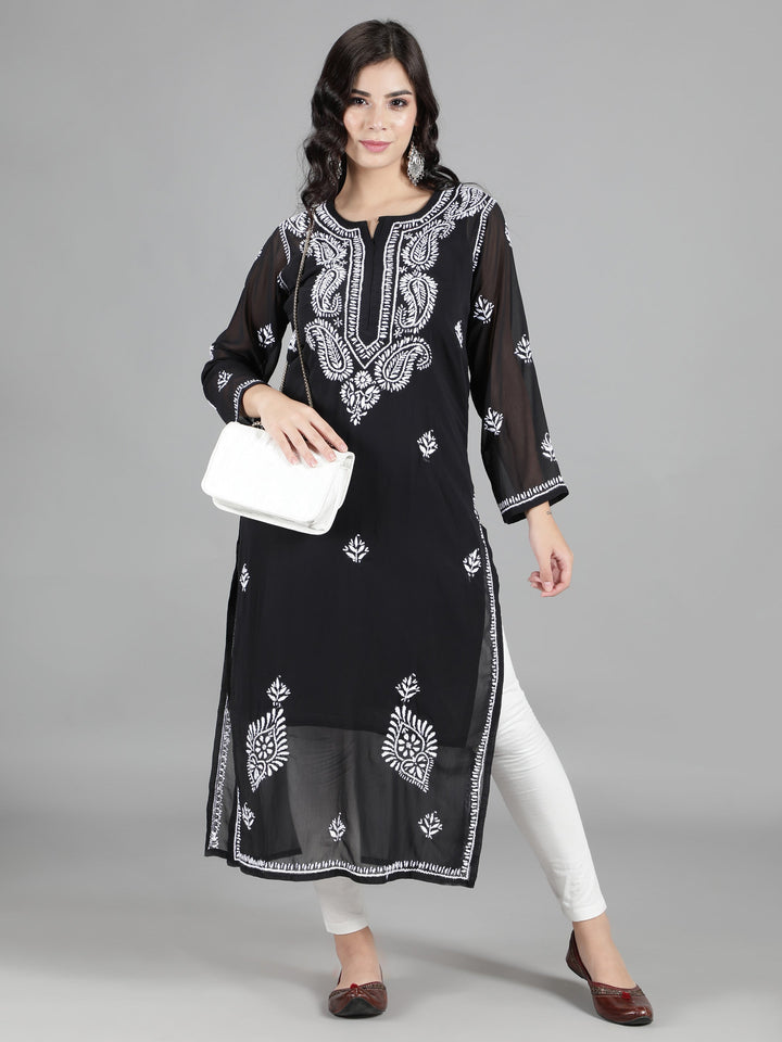 Black Georgette Chikan Kurta & Matching Slip