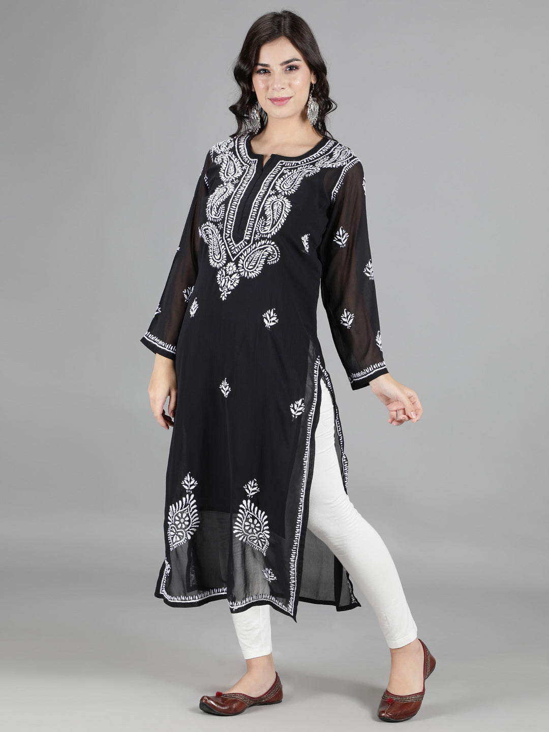 Black Georgette Chikan Kurta & Matching Slip