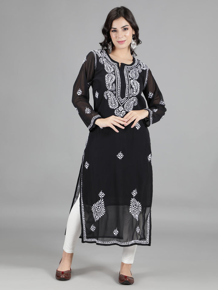 Black Georgette Chikan Kurta & Matching Slip