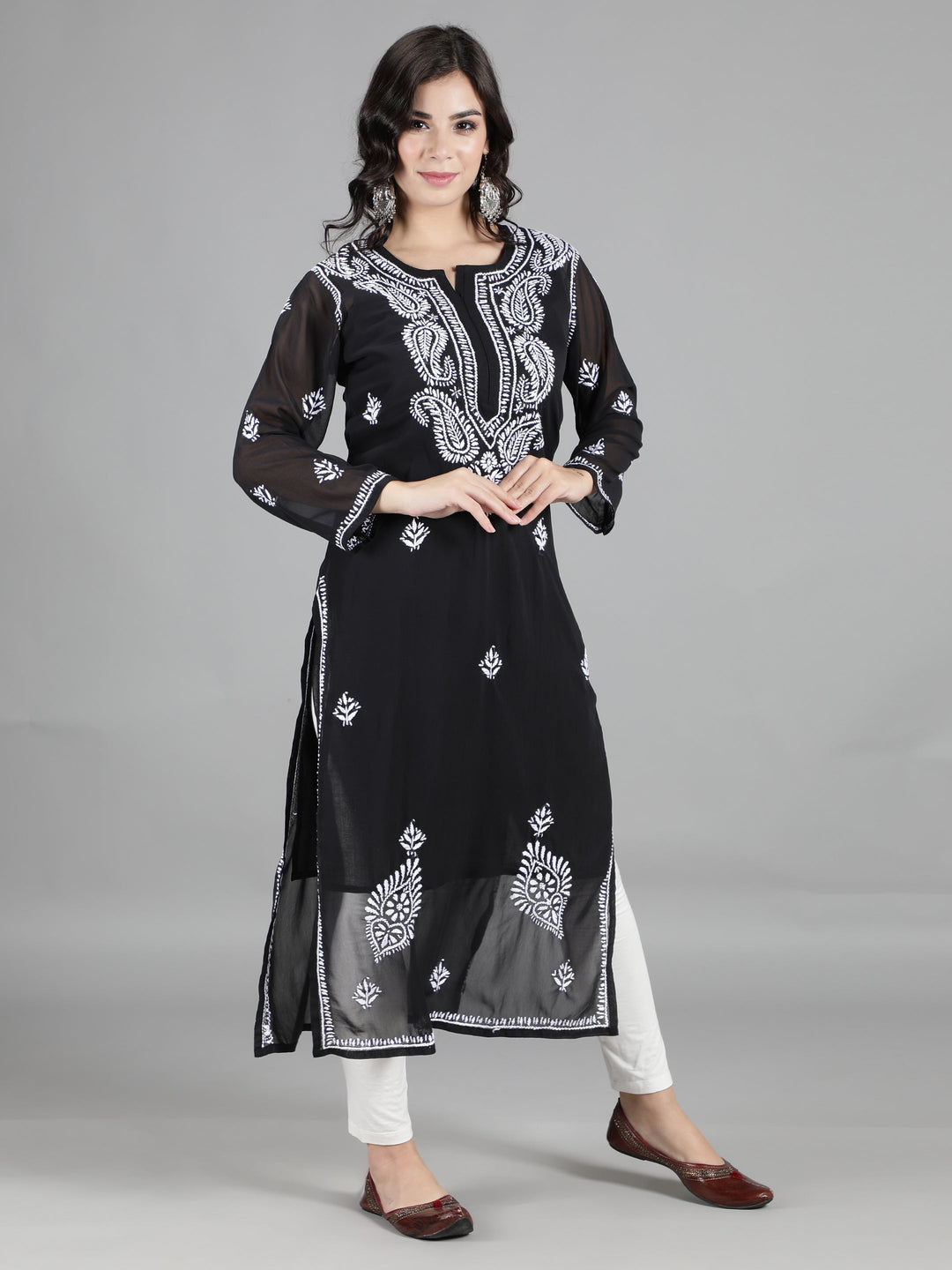 Black Georgette Chikan Kurta & Matching Slip