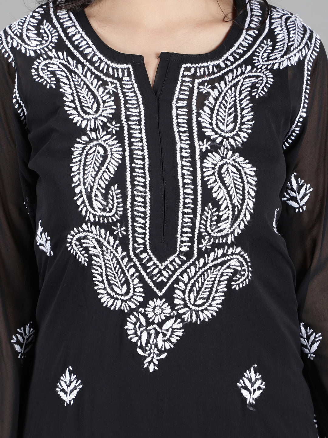 Black Georgette Chikan Kurta & Matching Slip