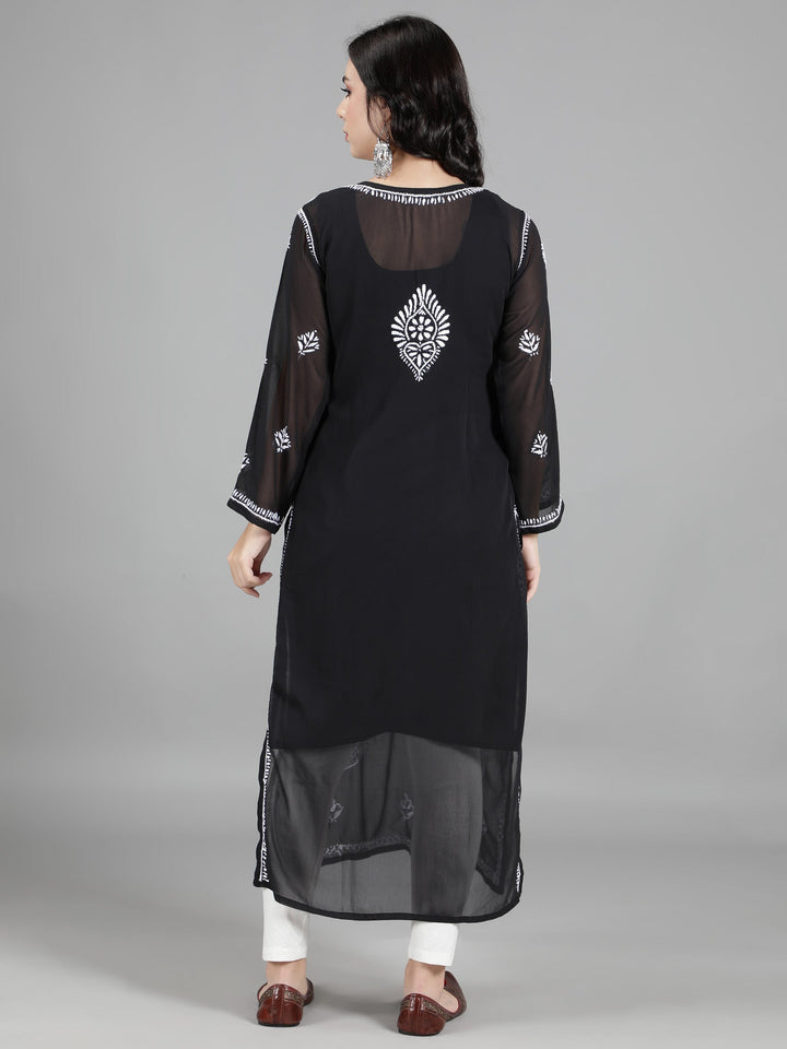 Black Georgette Chikan Kurta & Matching Slip