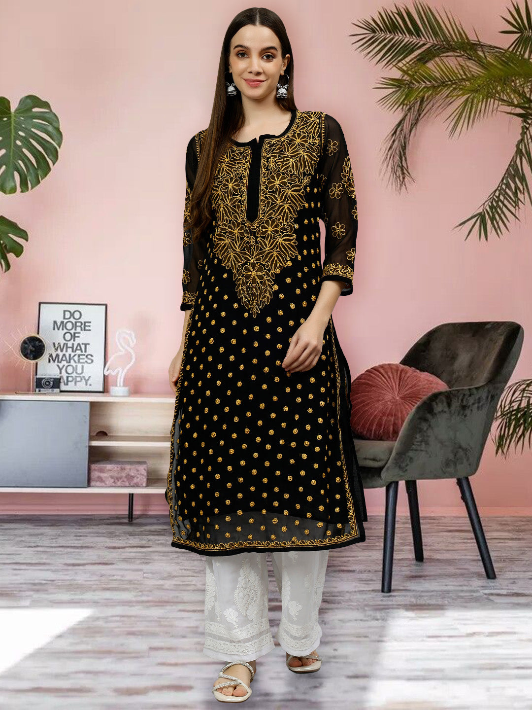 Black Georgette Hand Embroidered Chikankari Kurti with Slip