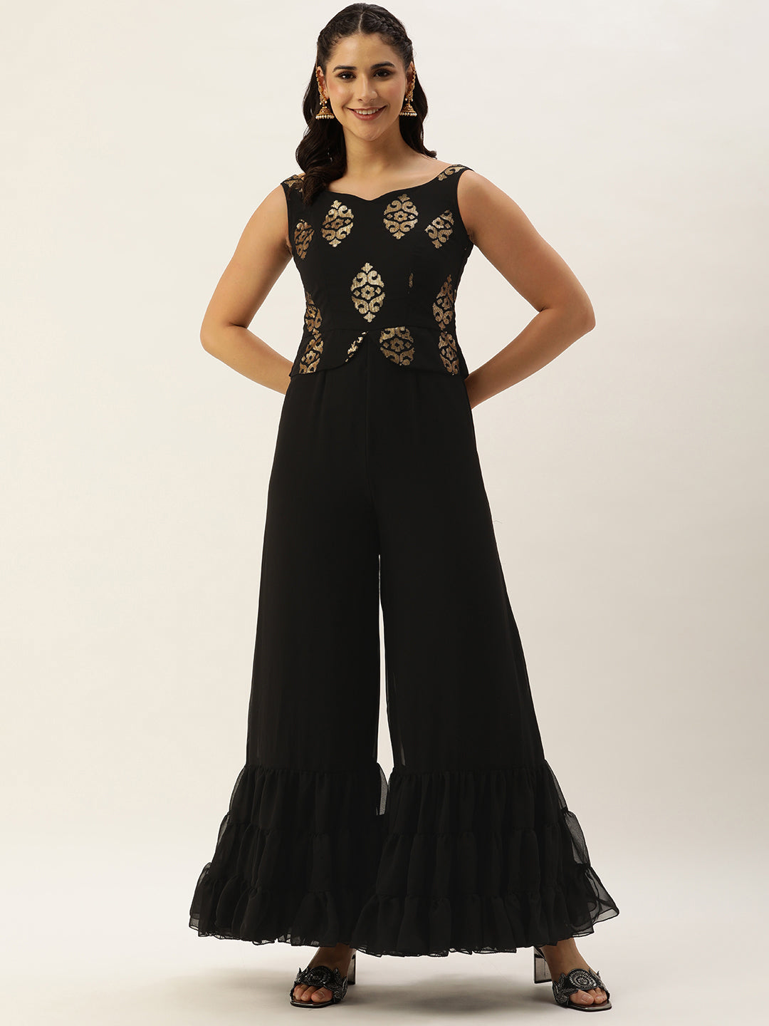 Black Georgette Sequin Embroidered Bodice Jumpsuit