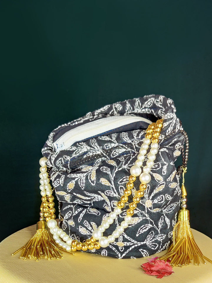Black Kota Chikankari Potli Bag with Tassels