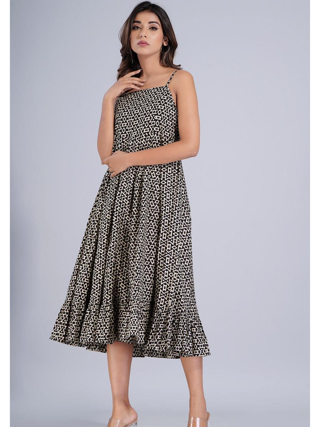 Black Pleated Spaghetti Sleeve A-Line Dress