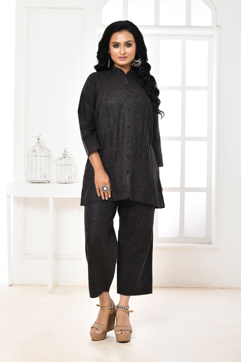 ZERESOUQ-Black-Pure-Khadi-Cotton-Gathered-Co-Ord-Set